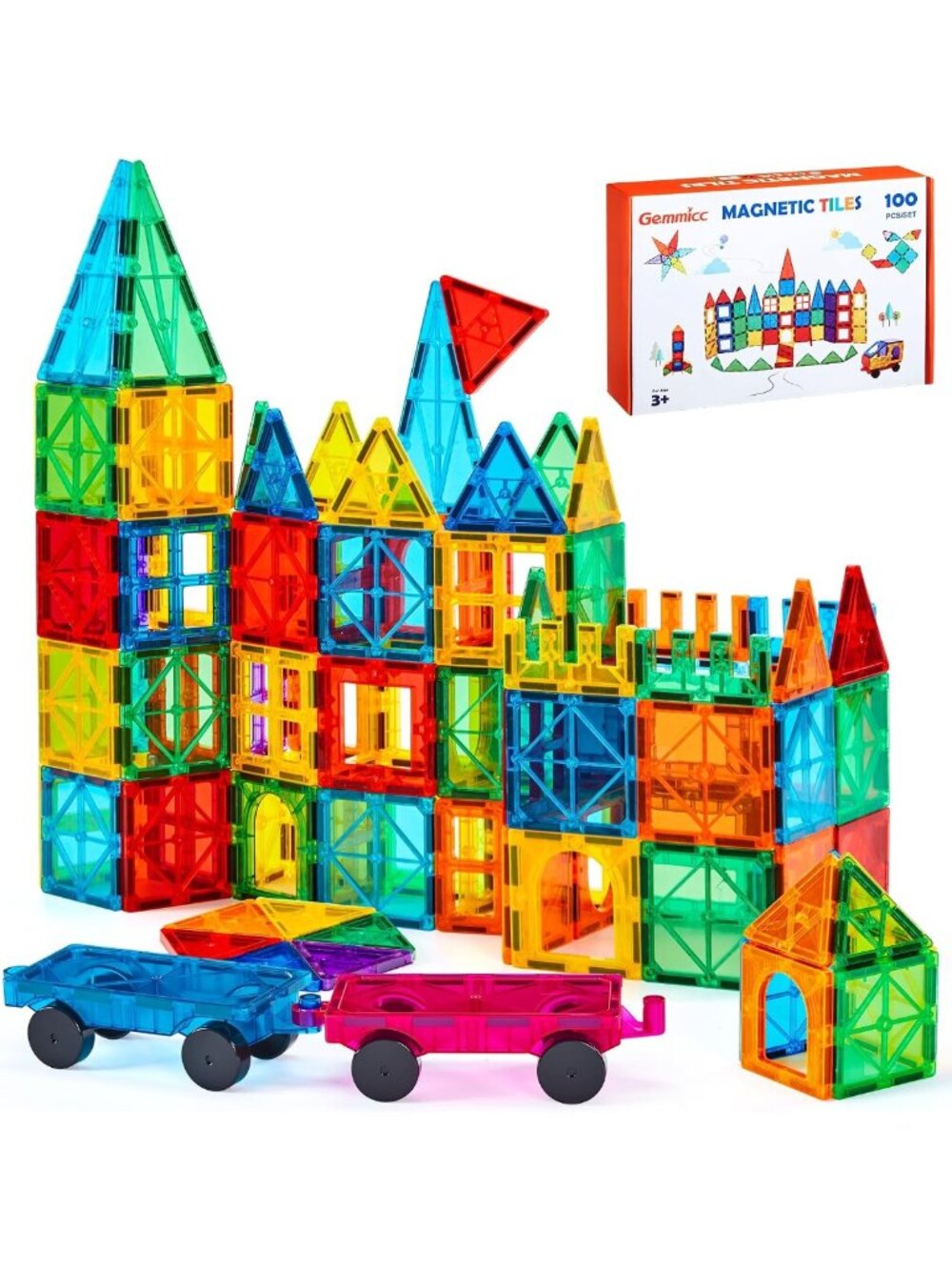 100 PCS Magnetic Building Tiles Set with 2 Cars - Stacking Blocks for Kids